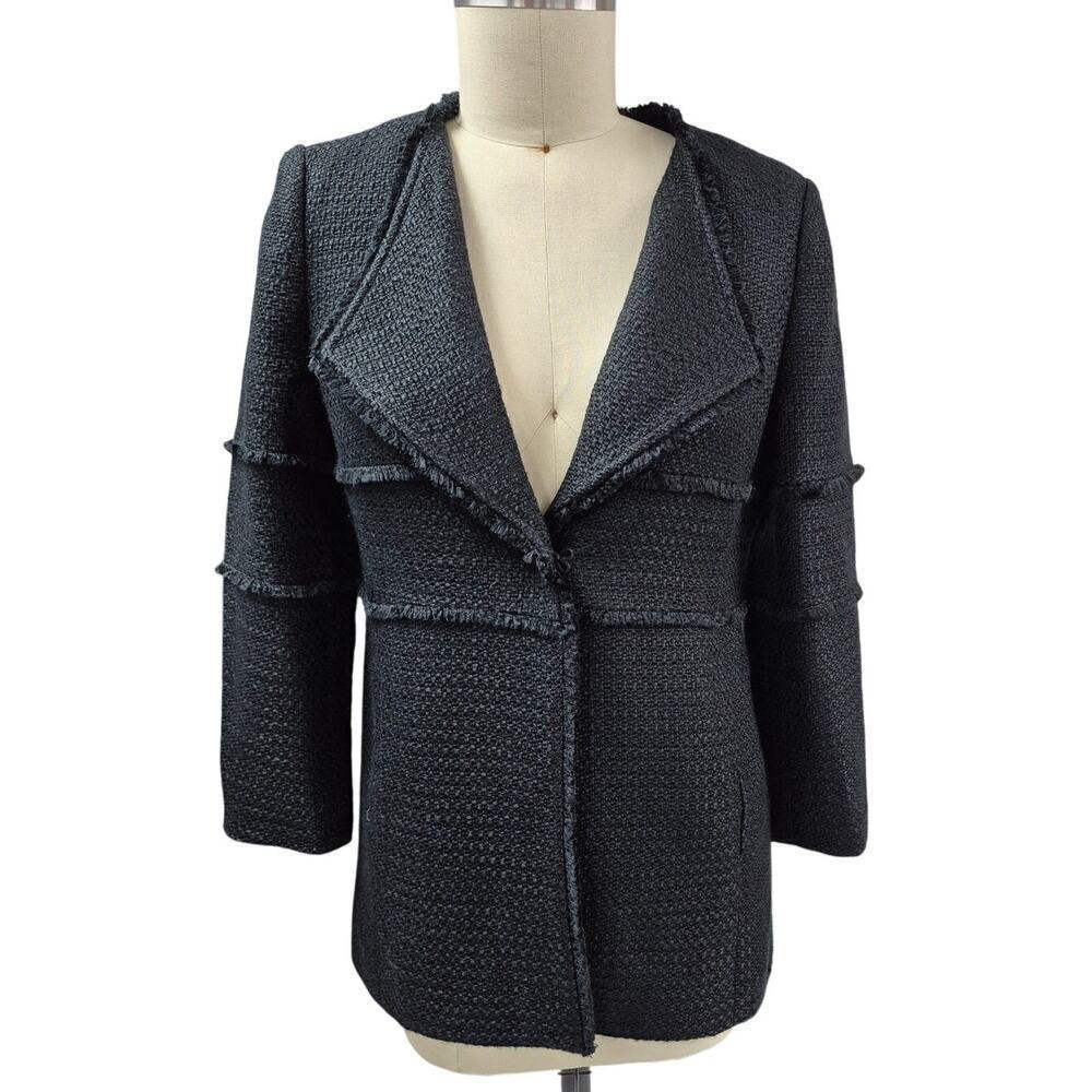 NWOT Ann Taylor LOFT women open front 3/4 sleeve tweed Fringe jacket black M